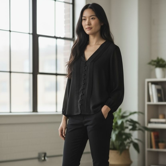 Express Tops - Express Black Button Front Blouse Women’s Large Long Sleeve Pleated V Neck Top